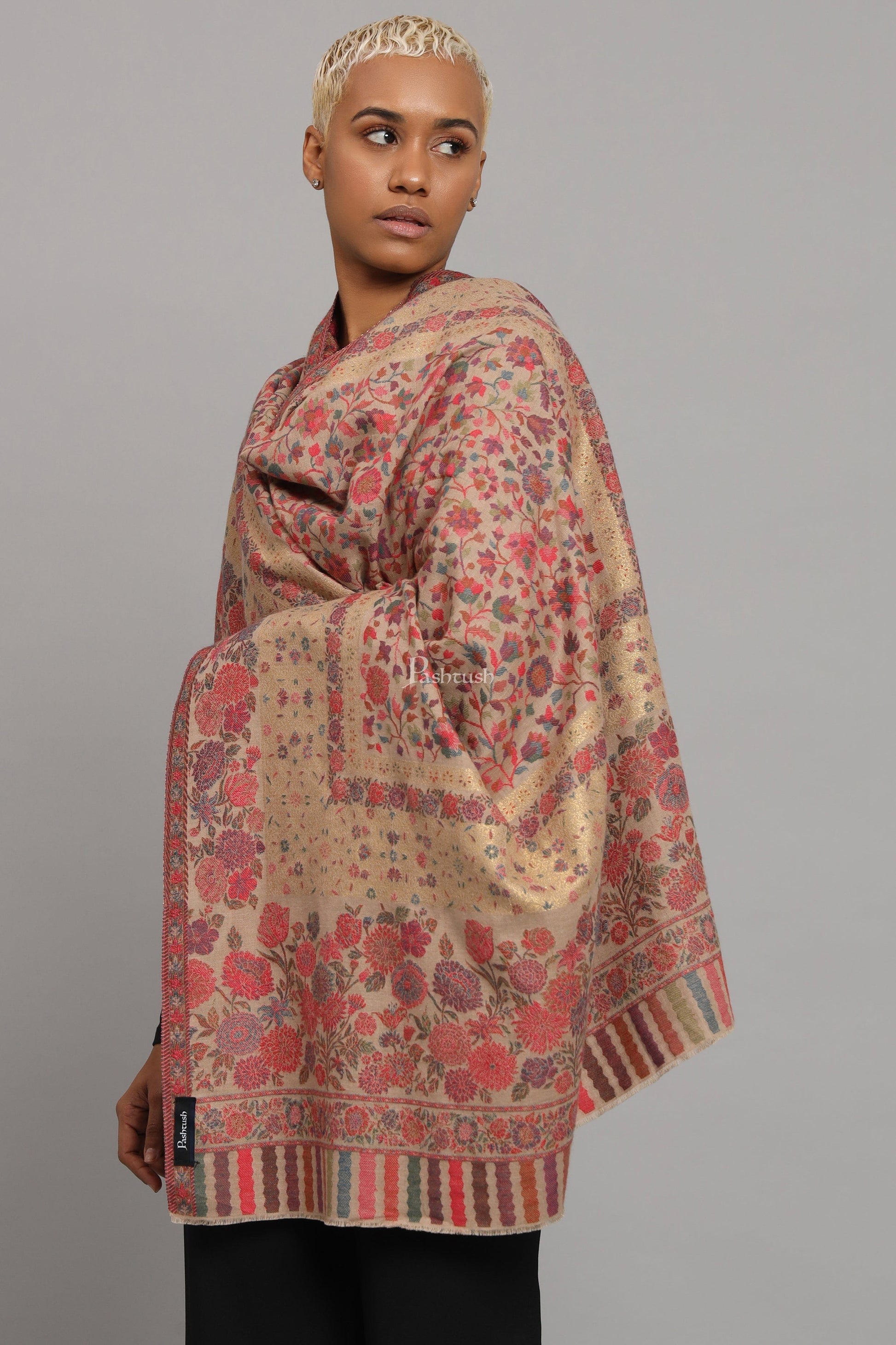 Pashtush India Womens Shawls Pashtush Womens Fine Wool Shawl, Twilight Collection, Woven With Metallic Floral Design, Beige