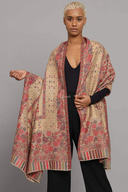 Pashtush India Womens Shawls Pashtush Womens Fine Wool Shawl, Twilight Collection, Woven With Metallic Floral Design, Beige