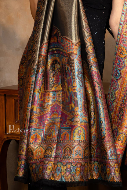 Pashtush India Womens Shawls Pashtush Womens Fine Wool Shawl, Twilight Darbar Palla Design, Multicolour