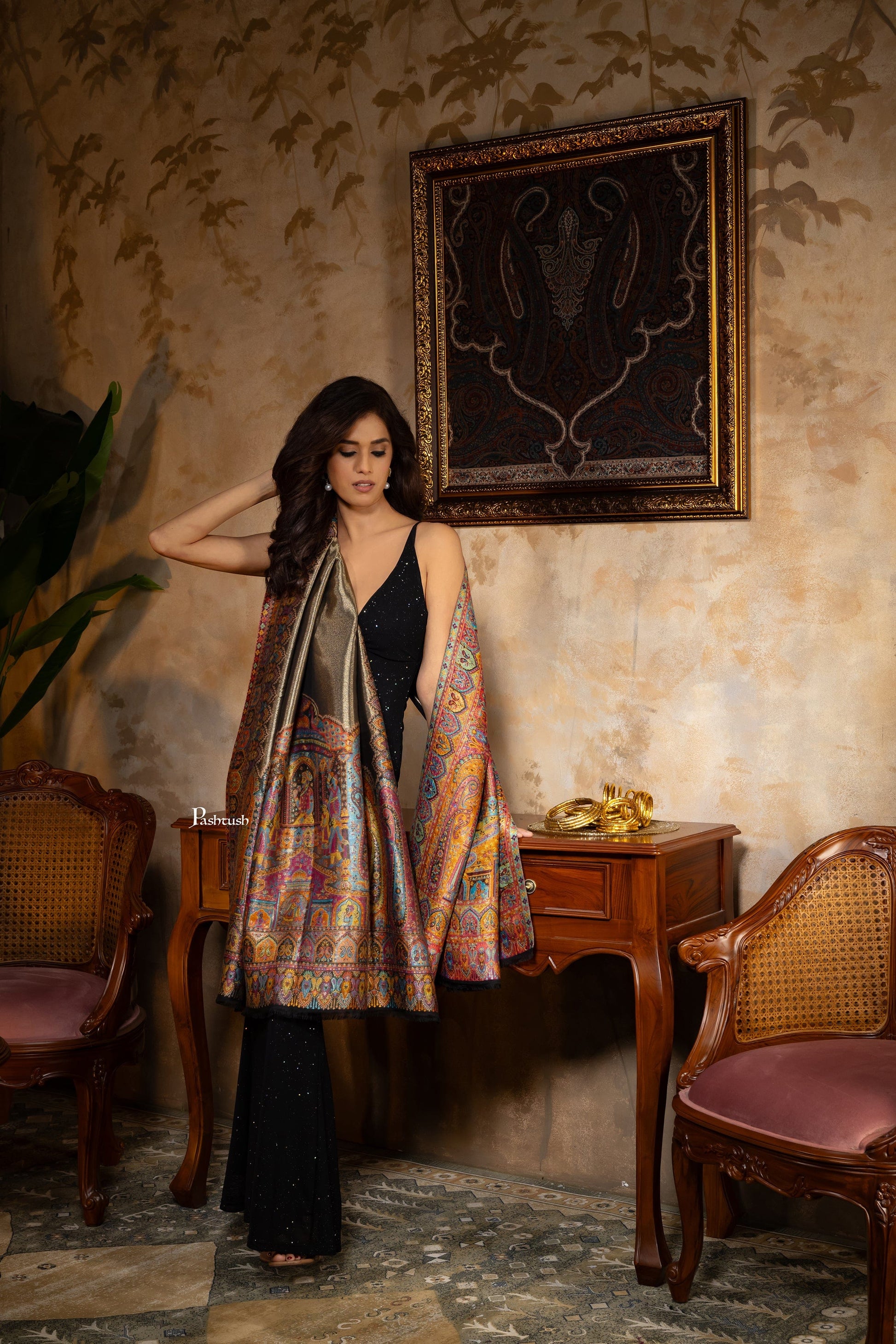 Pashtush India Womens Shawls Pashtush Womens Fine Wool Shawl, Twilight Darbar Palla Design, Multicolour