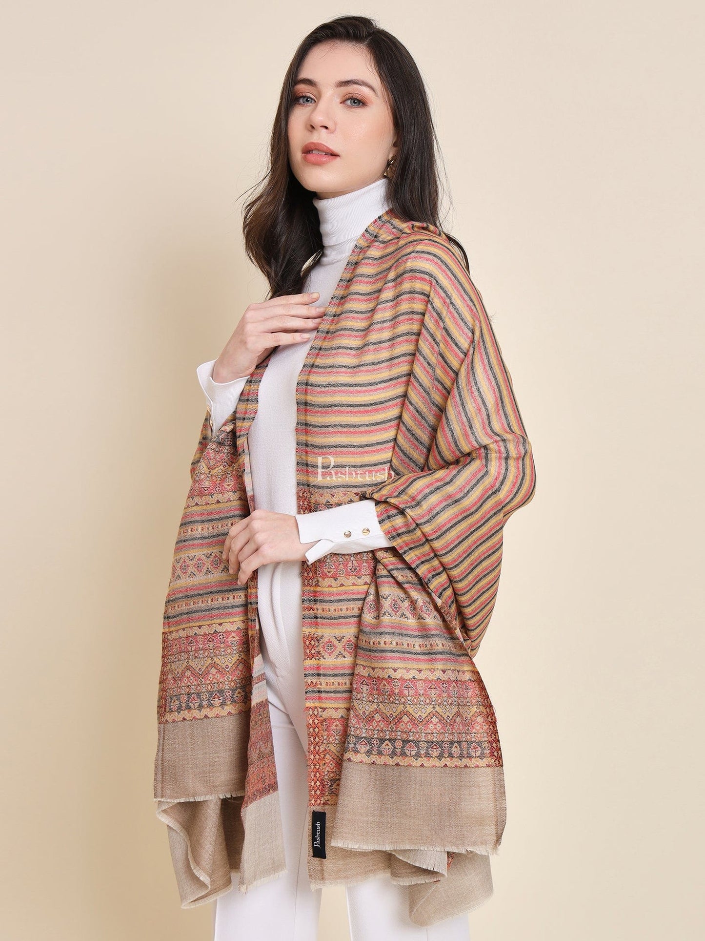 Pashtush India Womens Shawls Pashtush Womens Fine Wool Shawl, With Aztec Weave Striped Palla, Taupe