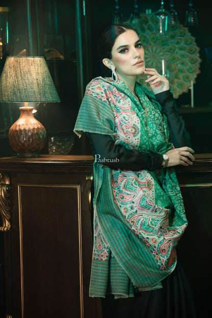 Pashtush India Womens Shawls Pashtush womens Fine Wool shawl, With Embroidered Ethnic Palla design, Soft and Warm, Green