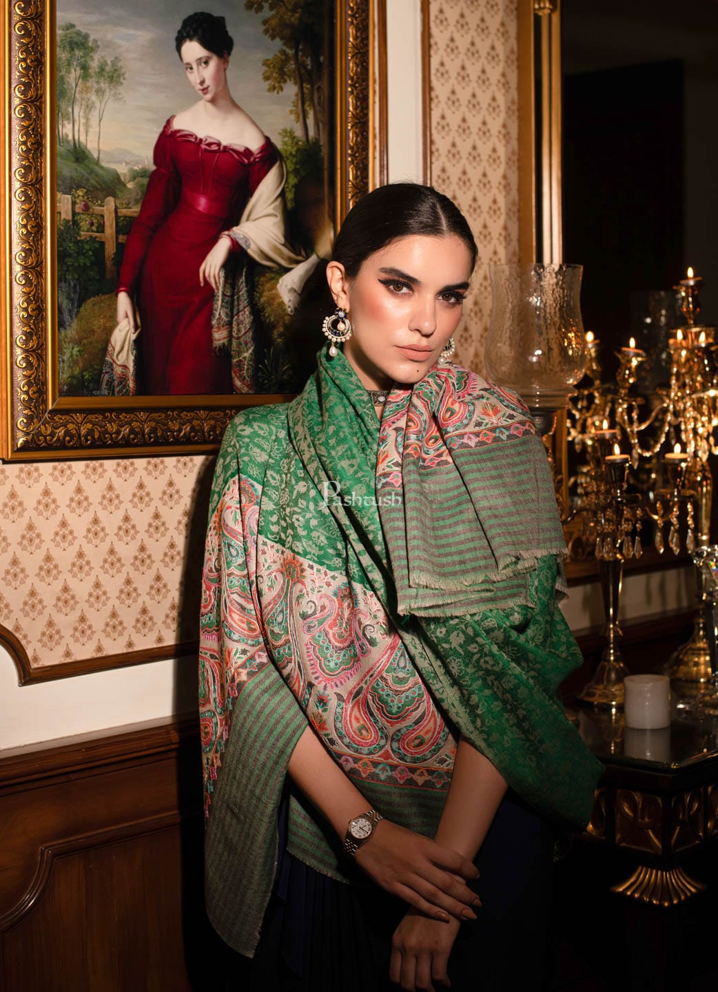 Pashtush India Womens Shawls Pashtush womens Fine Wool shawl, With Embroidered Ethnic Palla design, Soft and Warm, Green