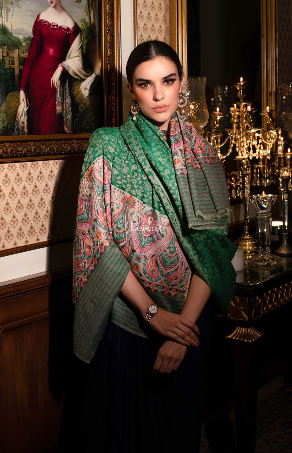 Pashtush India Womens Shawls Pashtush womens Fine Wool shawl, With Embroidered Ethnic Palla design, Soft and Warm, Green