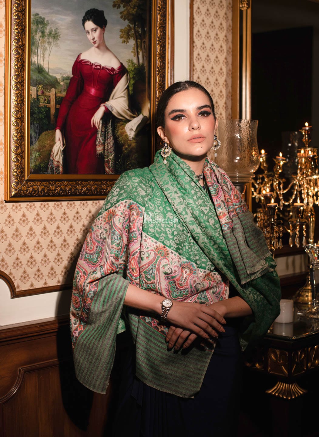 Pashtush India Womens Shawls Pashtush womens Fine Wool shawl, With Embroidered Ethnic Palla design, Soft and Warm, Green