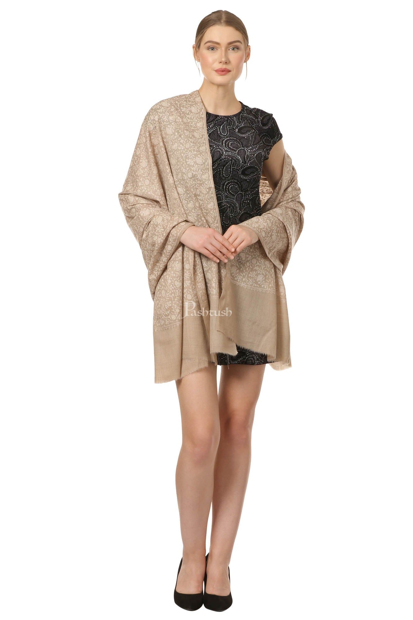 Pashtush India Womens Shawls Pashtush Womens Fine Wool Shawl With Tone On Tone Embroidery, Soft And Warm, Light Weight