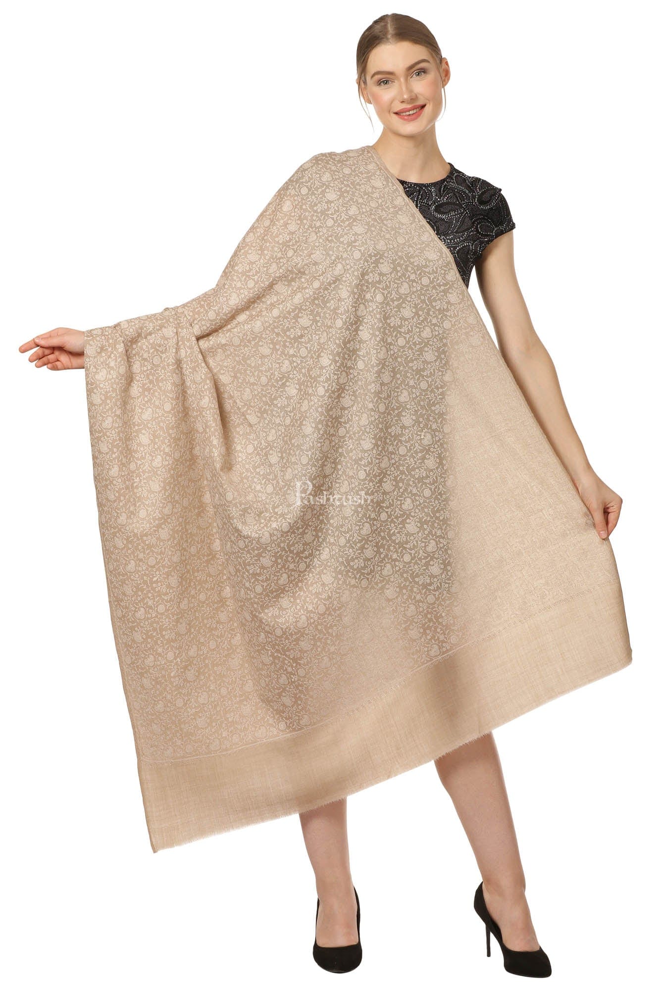 Pashtush India Womens Shawls Pashtush Womens Fine Wool Shawl With Tone On Tone Embroidery, Soft And Warm, Light Weight