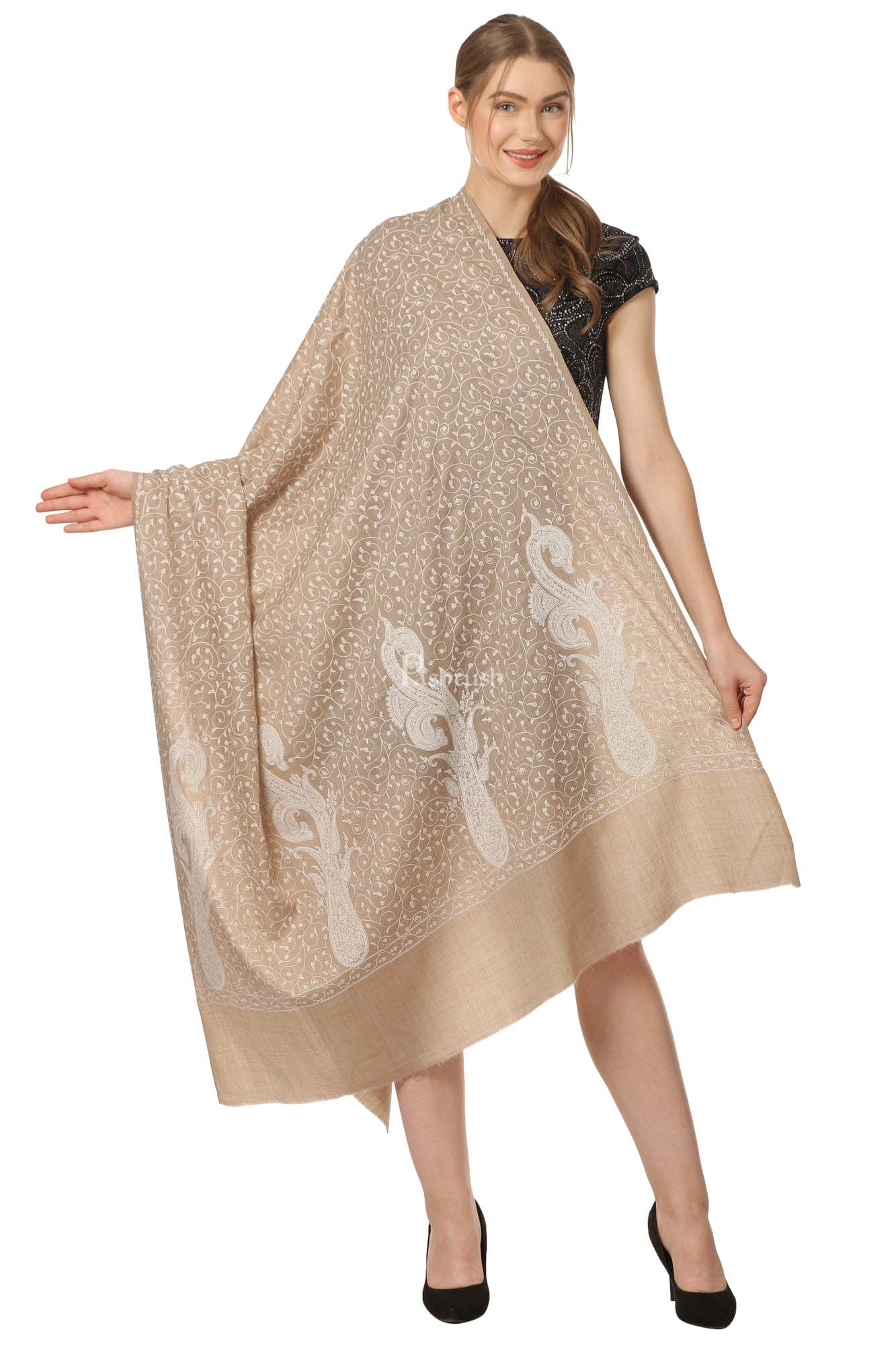 Pashtush India Womens Shawls Pashtush Womens Fine Wool Shawl With Tone On Tone Embroidery, Soft And Warm, Light Weight