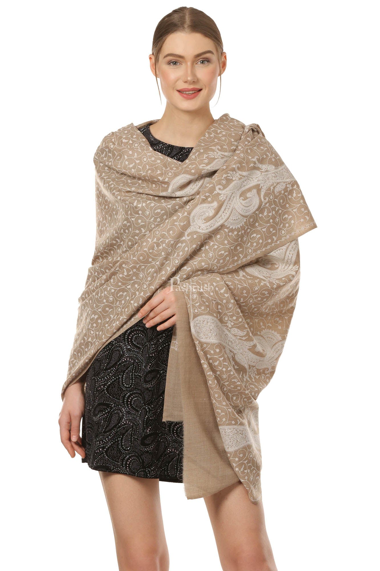 Pashtush India Womens Shawls Pashtush Womens Fine Wool Shawl With Tone On Tone Embroidery, Soft And Warm, Light Weight