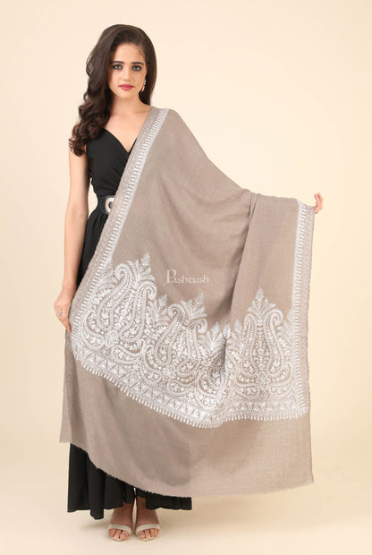 Pashtush India Womens Shawls Pashtush Womens Fine Wool Shawl, With Tone On Tone Nalki Embroidery, Soft And Warm, Beige