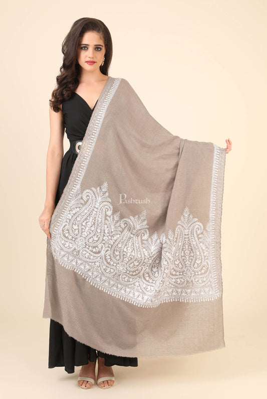 Pashtush India Womens Shawls Pashtush Womens Fine Wool Shawl, With Tone On Tone Nalki Embroidery, Soft And Warm, Beige