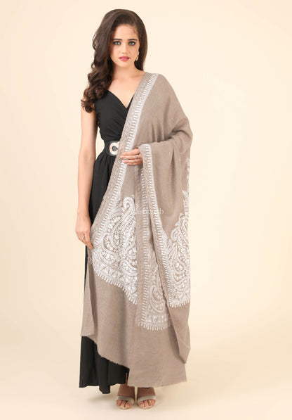 Pashtush India Womens Shawls Pashtush Womens Fine Wool Shawl, With Tone On Tone Nalki Embroidery, Soft And Warm, Beige