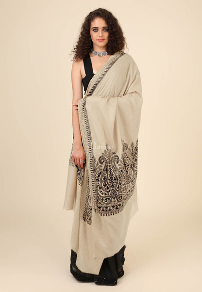 Pashtush India Womens Shawls Pashtush Womens Fine Wool Shawl, With Tone On Tone Nalki Embroidery, Soft And Warm, Beige
