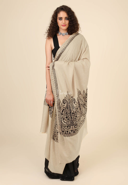 Pashtush India Womens Shawls Pashtush Womens Fine Wool Shawl, With Tone On Tone Nalki Embroidery, Soft And Warm, Beige