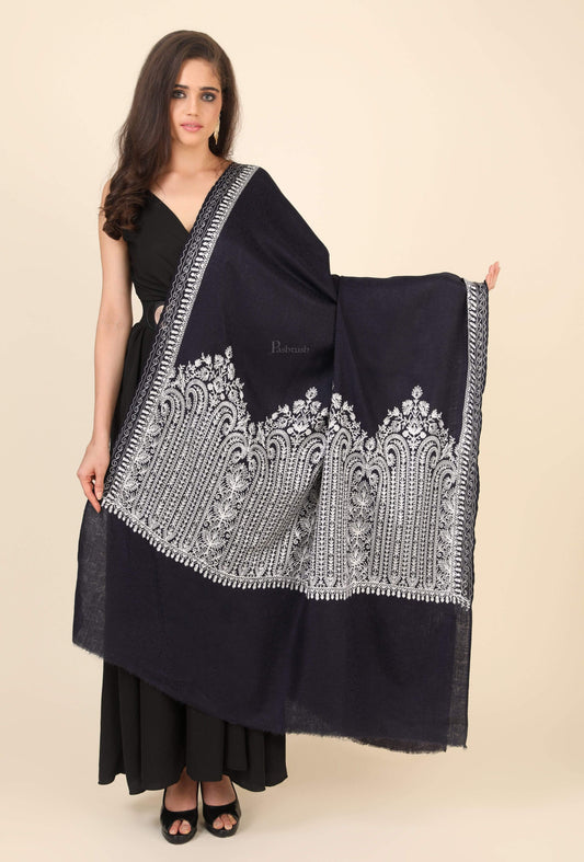 Pashtush India 114x228 Pashtush Womens Fine Wool Shawl, With Tone on Tone Nalki Embroidery, Soft and Warm, Navy Blue