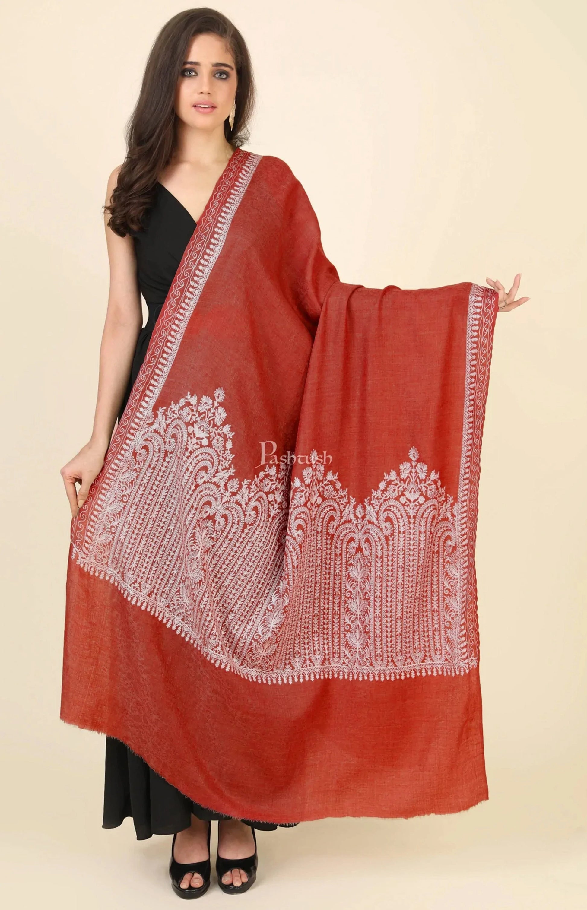 Pashtush India Womens Shawls Pashtush Womens Fine Wool Shawl, With Tone On Tone Nalki Embroidery, Soft And Warm, Orange