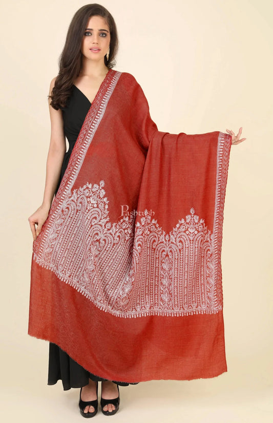 Pashtush India Womens Shawls Pashtush Womens Fine Wool Shawl, With Tone On Tone Nalki Embroidery, Soft And Warm, Orange