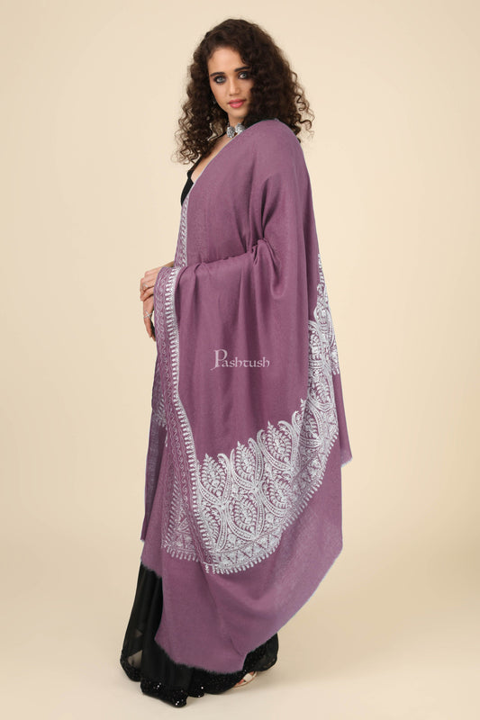 Pashtush India Womens Shawls Pashtush Womens Fine Wool Shawl, With Tone On Tone Nalki Embroidery, Soft And Warm, Peel Lilac