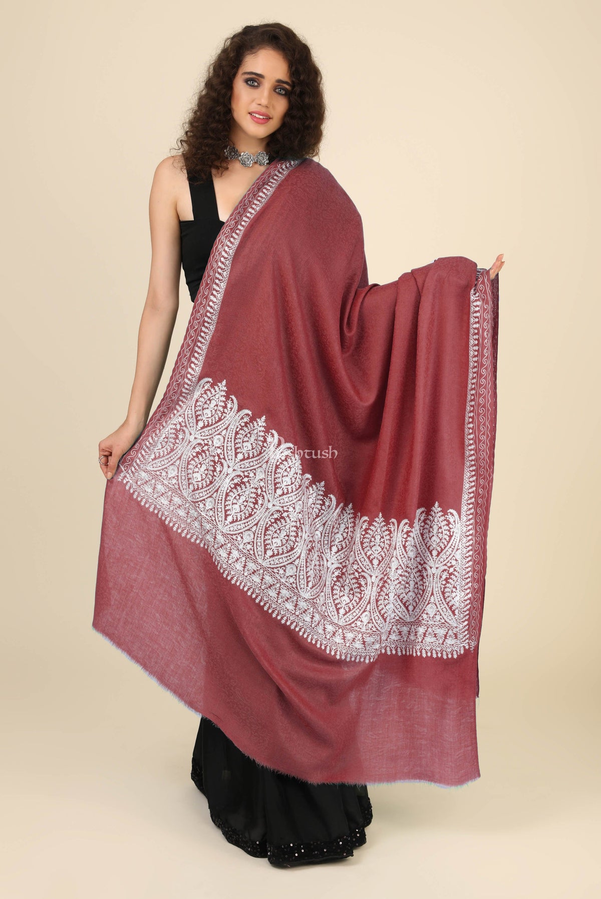 Pashtush India Womens Shawls Pashtush Womens Fine Wool Shawl, With Tone On Tone Nalki Embroidery, Soft And Warm, Rose