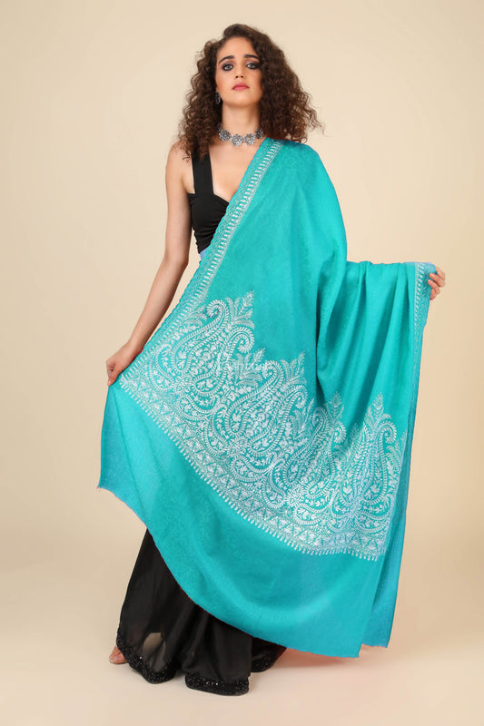 Pashtush India Womens Shawls Pashtush Womens Fine Wool Shawl, With Tone On Tone Nalki Embroidery, Soft And Warm, Sku Blue