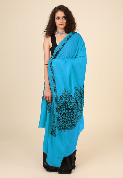 Pashtush India Womens Shawls Pashtush Womens Fine Wool Shawl, With Tone On Tone Nalki Embroidery, Soft And Warm, sky blue