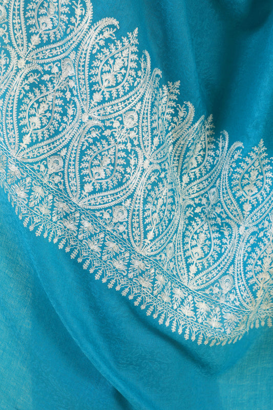 Pashtush India Womens Shawls Pashtush Womens Fine Wool Shawl, With Tone On Tone Nalki Embroidery, Soft And Warm, Sky Blue