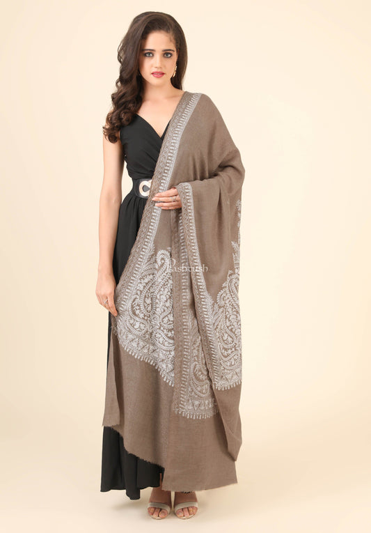 Pashtush India Womens Shawls Pashtush Womens Fine Wool Shawl, With Tone On Tone Nalki Embroidery, Soft And Warm, Taupe