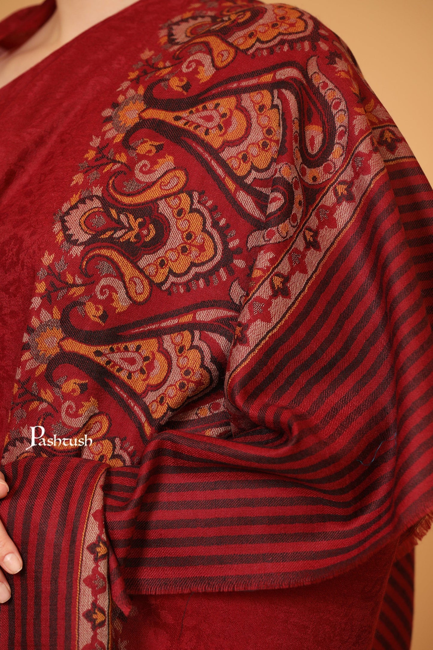 Pashtush India Womens Shawls Pashtush Womens Fine Wool Shawl, Woven Design, Ethnic Weave Palla, Crimson Maroon