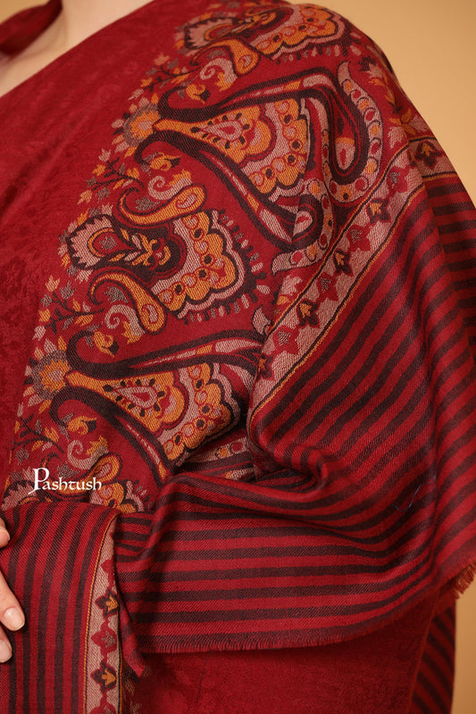 Pashtush India Womens Shawls Pashtush Womens Fine Wool Shawl, Woven Design, Ethnic Weave Palla, Crimson Maroon