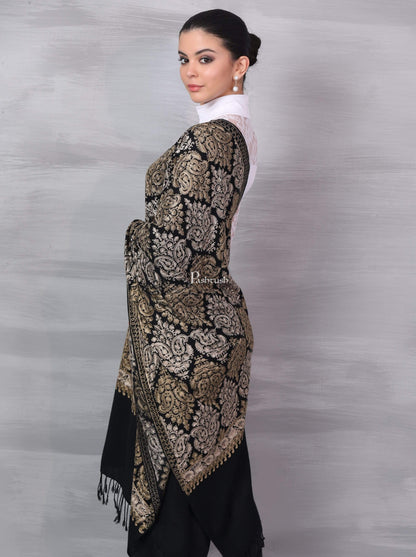 Pashtush Store Stole Pashtush Womens Fine Wool, Silky Nalki Embroidery Needlework Stole, Black