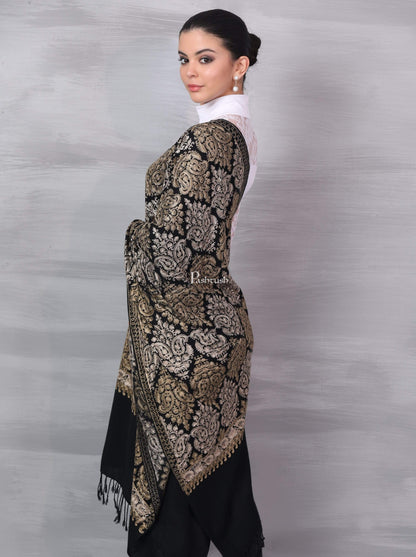 Pashtush Store Stole Pashtush Womens Fine Wool, Silky Nalki Embroidery Needlework Stole, Black