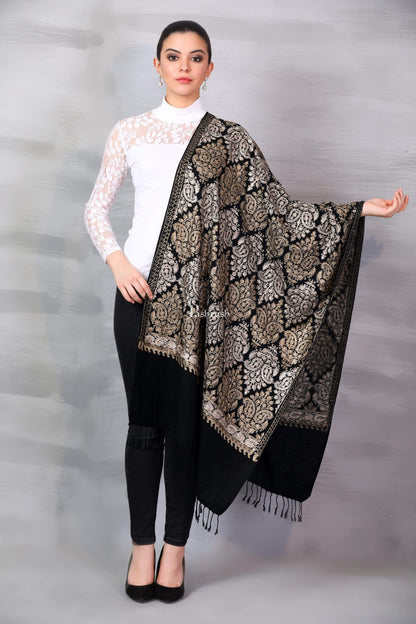 Pashtush Store Stole Pashtush Womens Fine Wool, Silky Nalki Embroidery Needlework Stole, Black