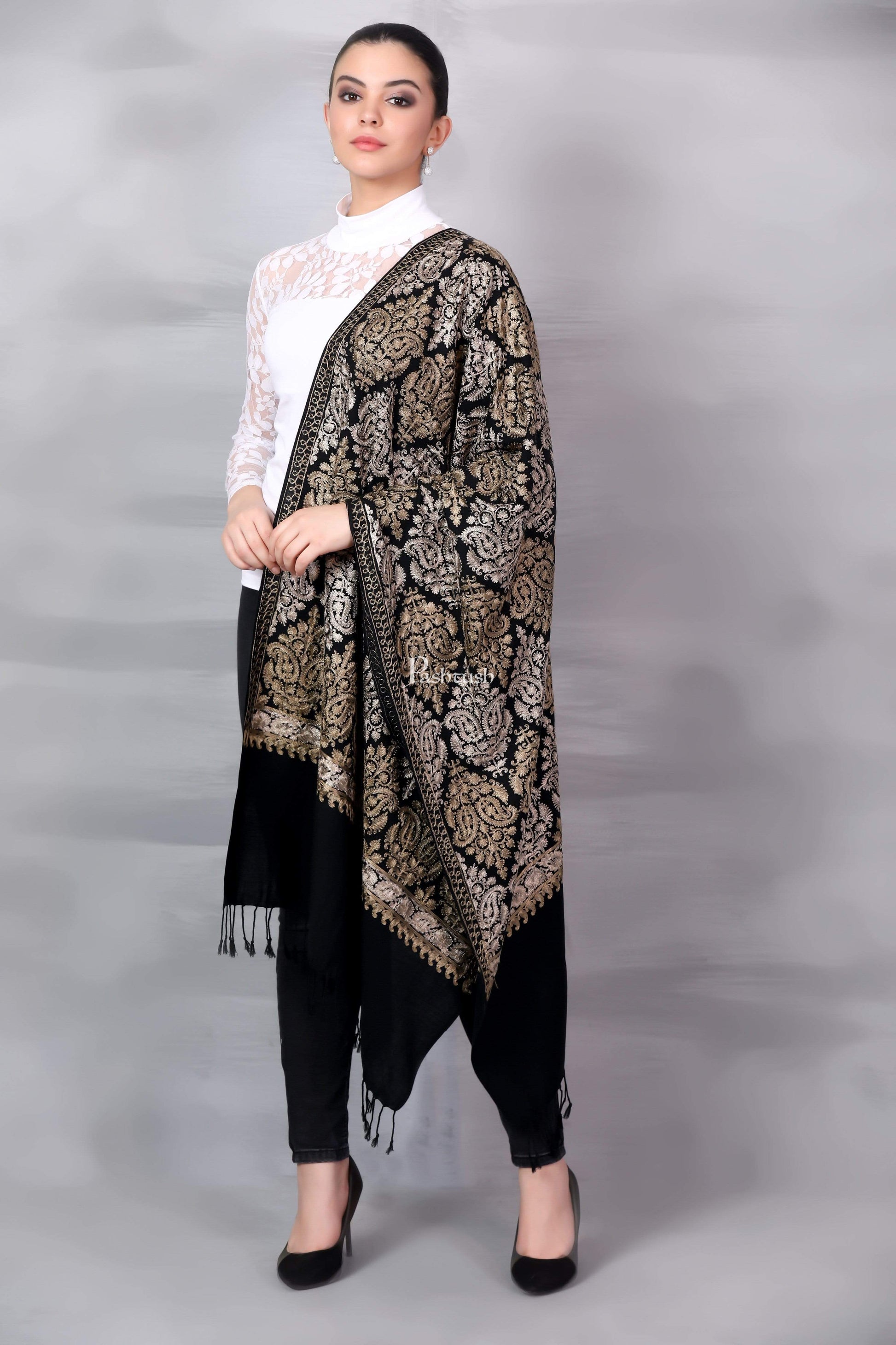 Pashtush Store Stole Pashtush Womens Fine Wool, Silky Nalki Embroidery Needlework Stole, Black