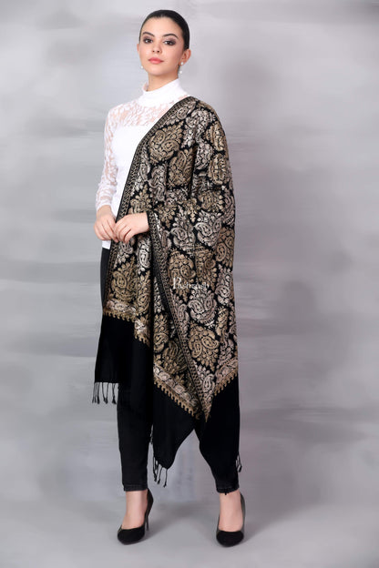 Pashtush Store Stole Pashtush Womens Fine Wool, Silky Nalki Embroidery Needlework Stole, Black