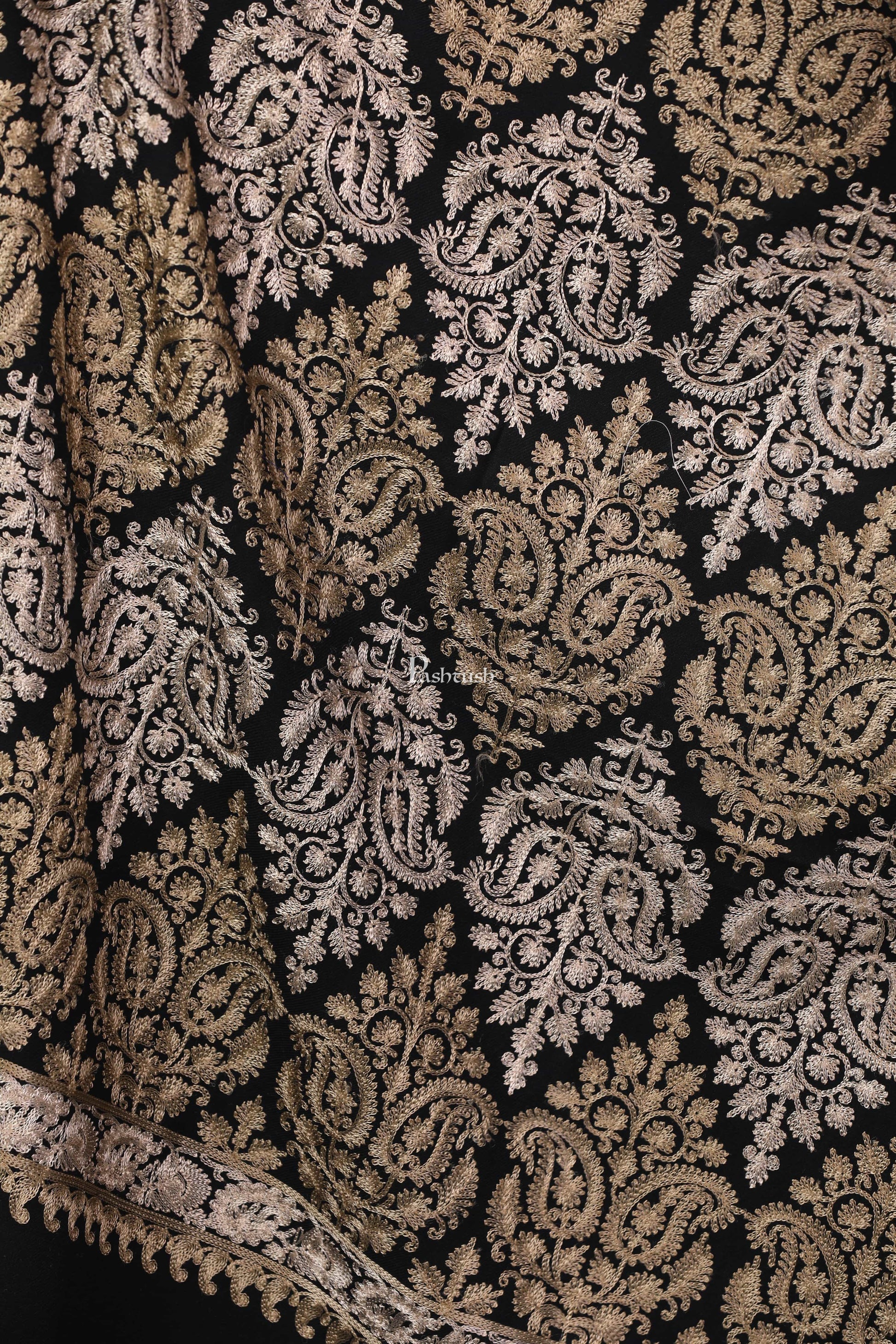 Pashtush Store Stole Pashtush Womens Fine Wool, Silky Nalki Embroidery Needlework Stole, Black