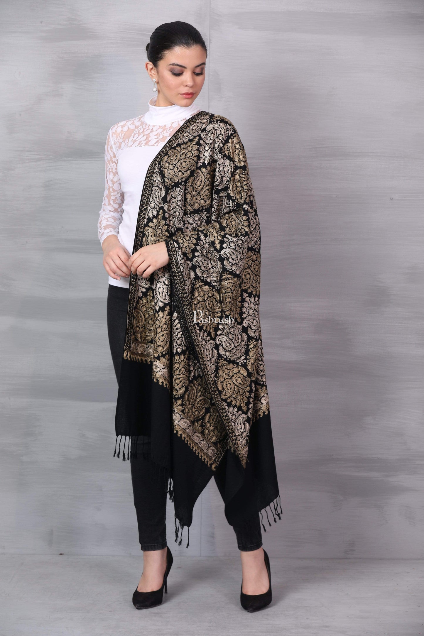 Pashtush Store Stole Pashtush Womens Fine Wool, Silky Nalki Embroidery Needlework Stole, Black