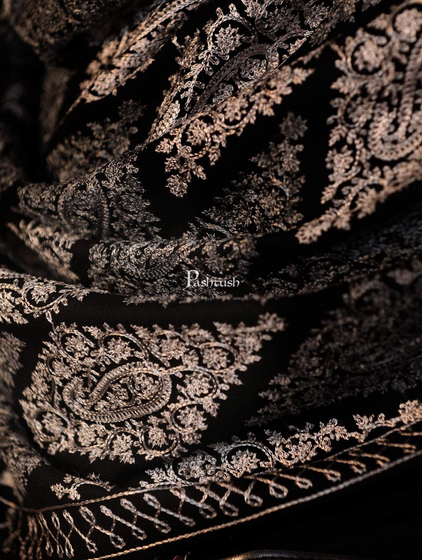 Pashtush Store Stole Pashtush Womens Fine Wool, Silky Nalki Embroidery Needlework Stole, Black