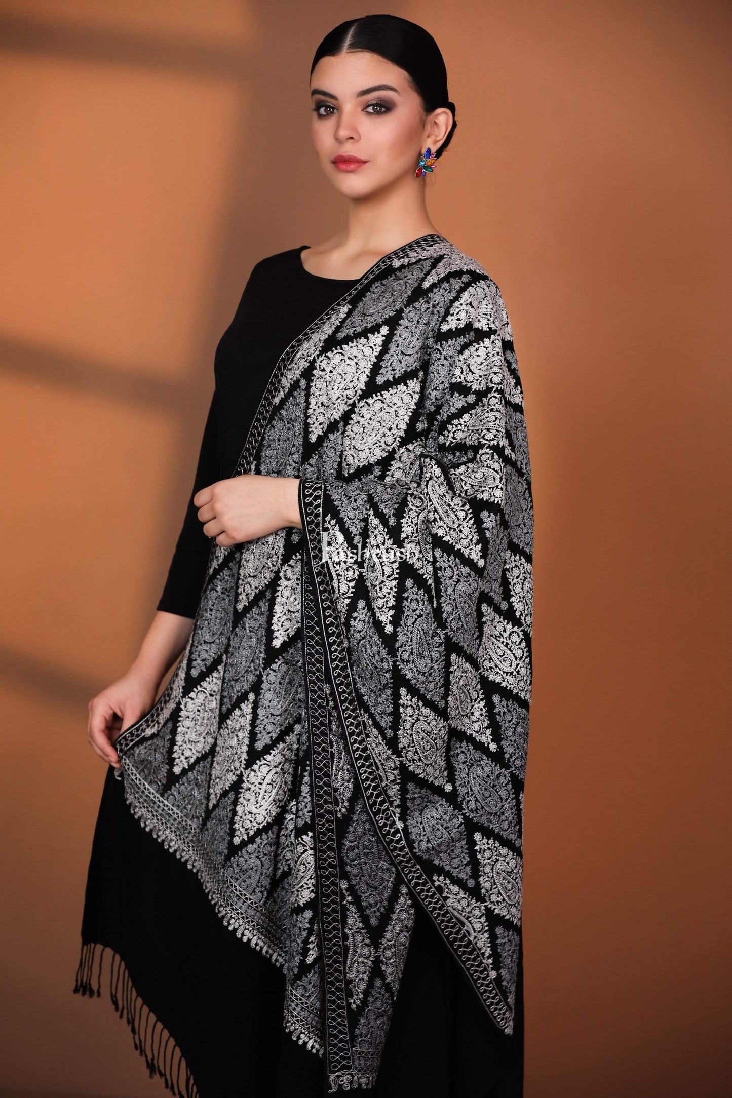 Pashtush Store Stole Pashtush Womens Fine Wool, Silky Nalki Embroidery Needlework Stole, Black