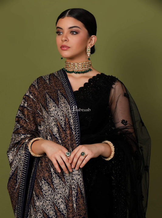 Pashtush Store Stole Pashtush Womens Fine Wool, Silky Nalki Embroidery Needlework Stole, Black