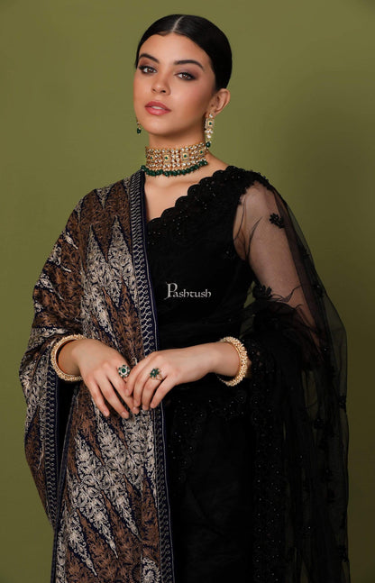 Pashtush Store Stole Pashtush Womens Fine Wool, Silky Nalki Embroidery Needlework Stole, Black