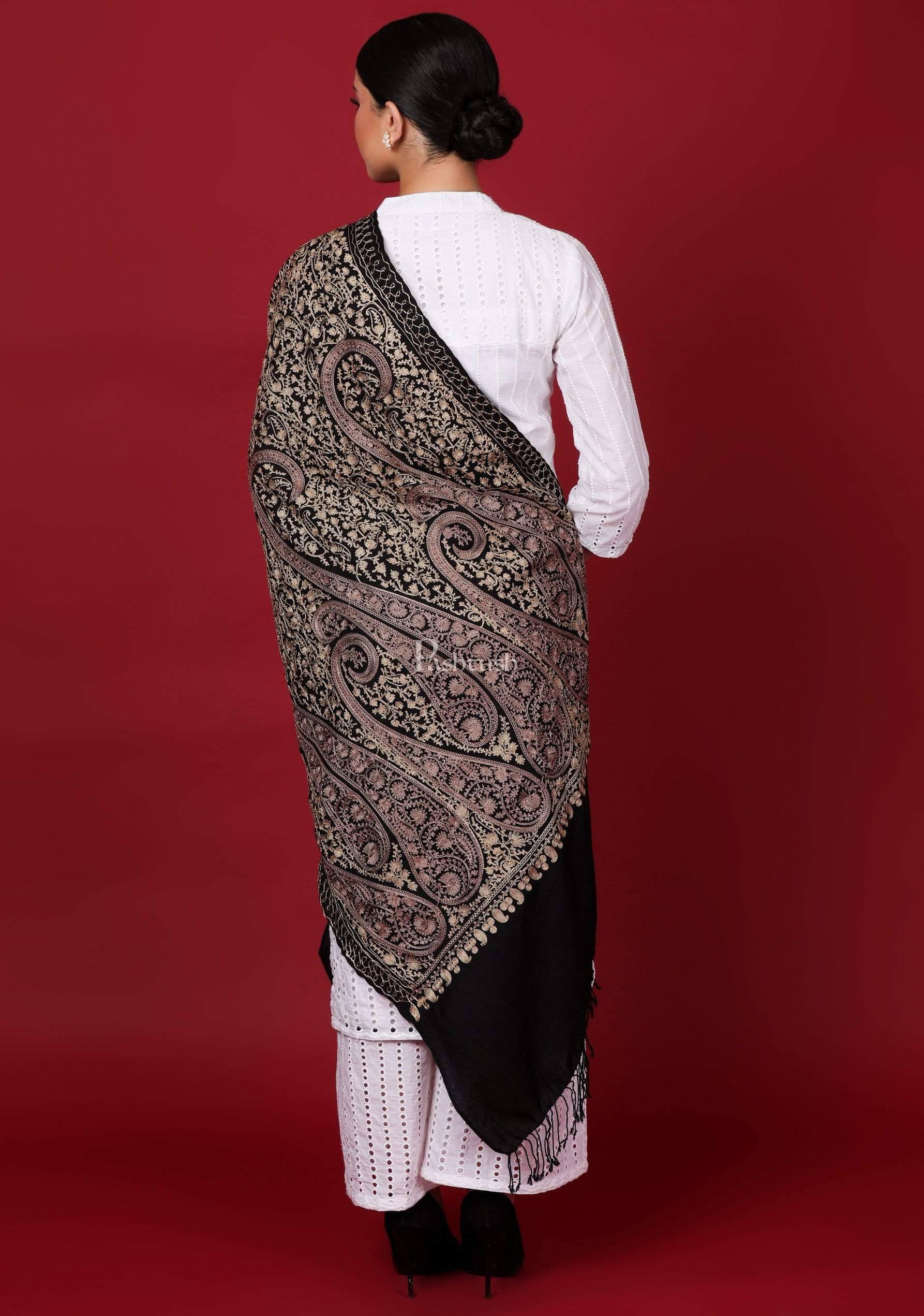 Pashtush Store Stole Pashtush Womens Fine Wool, Silky Nalki Embroidery Needlework Stole, Black