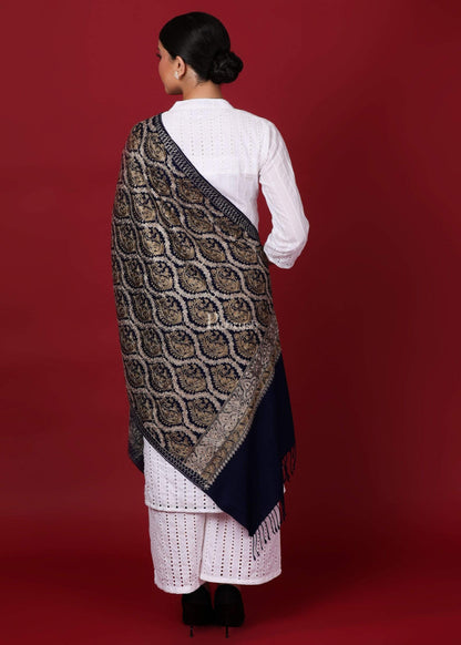 Pashtush Store Stole Pashtush Womens Fine Wool, Silky Nalki Embroidery Needlework Stole, Black