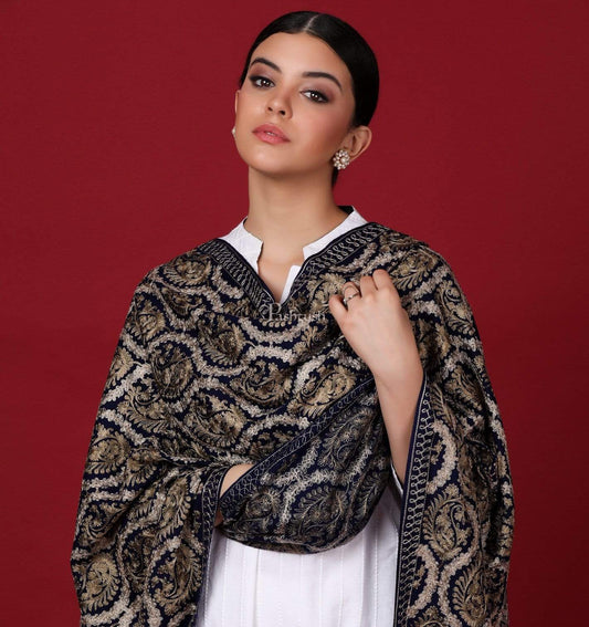 Pashtush Store Stole Pashtush Womens Fine Wool, Silky Nalki Embroidery Needlework Stole, Black