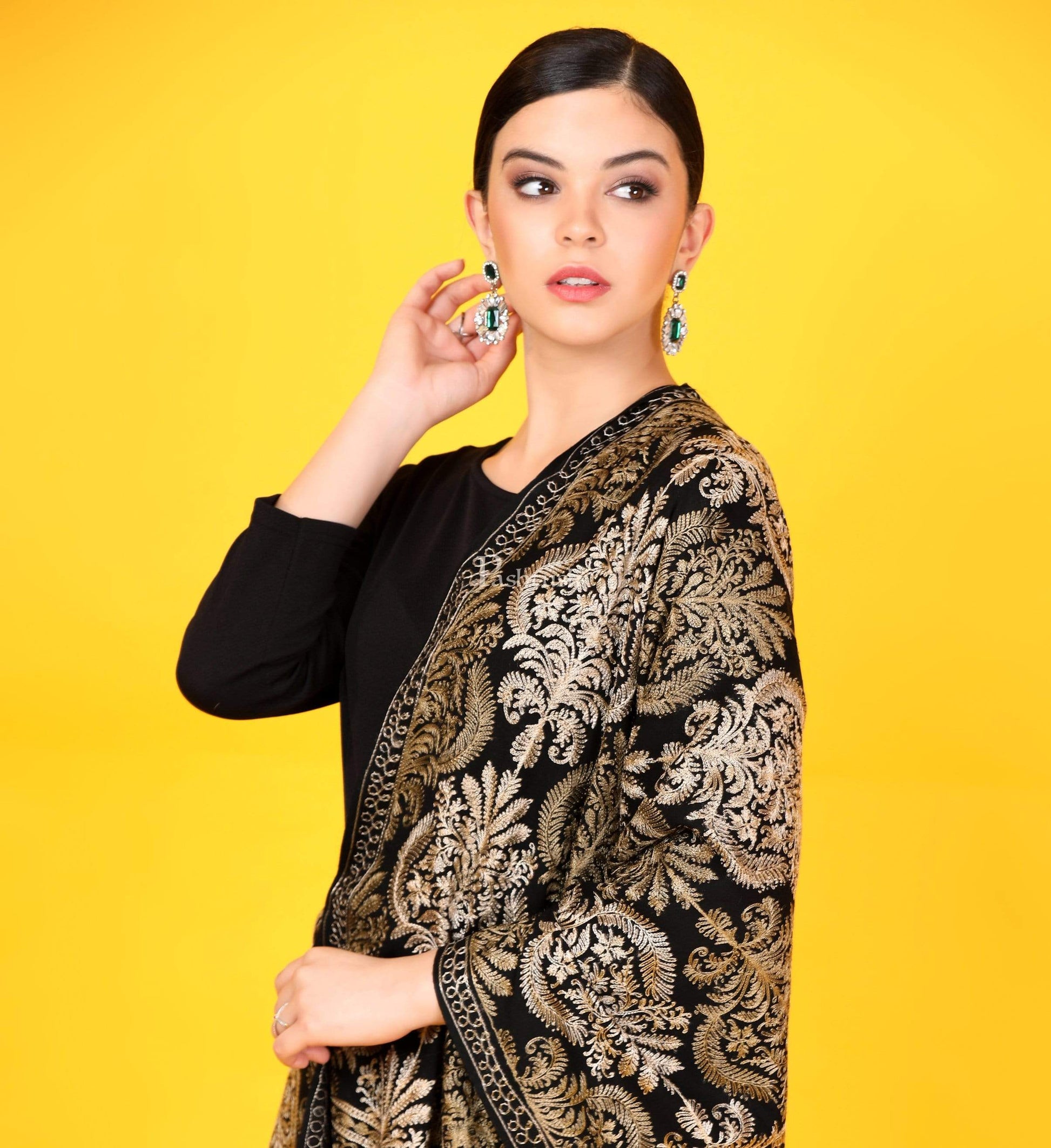 Pashtush Store Stole Pashtush Womens Fine Wool, Silky Nalki Embroidery Needlework Stole, Black