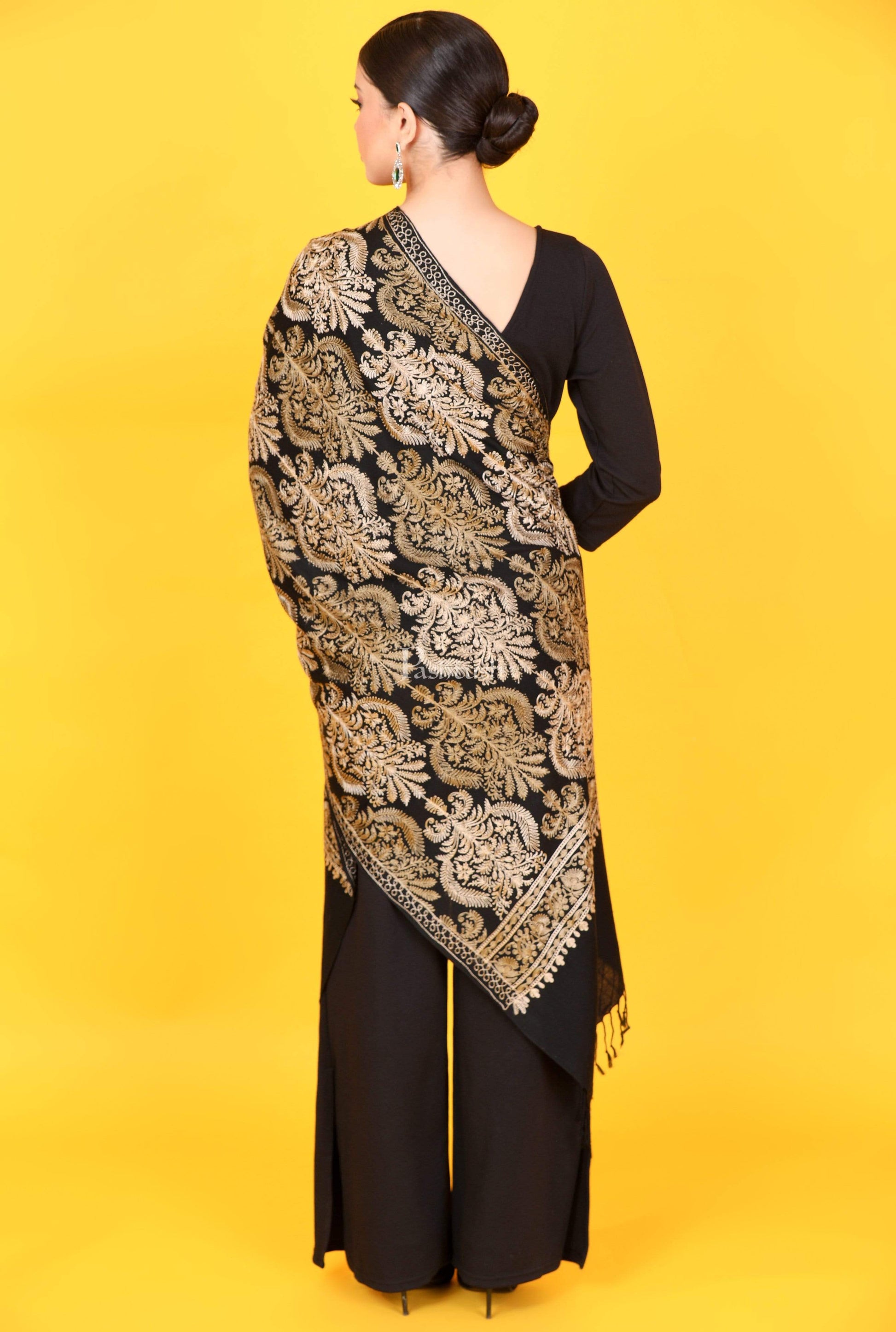 Pashtush Store Stole Pashtush Womens Fine Wool, Silky Nalki Embroidery Needlework Stole, Black