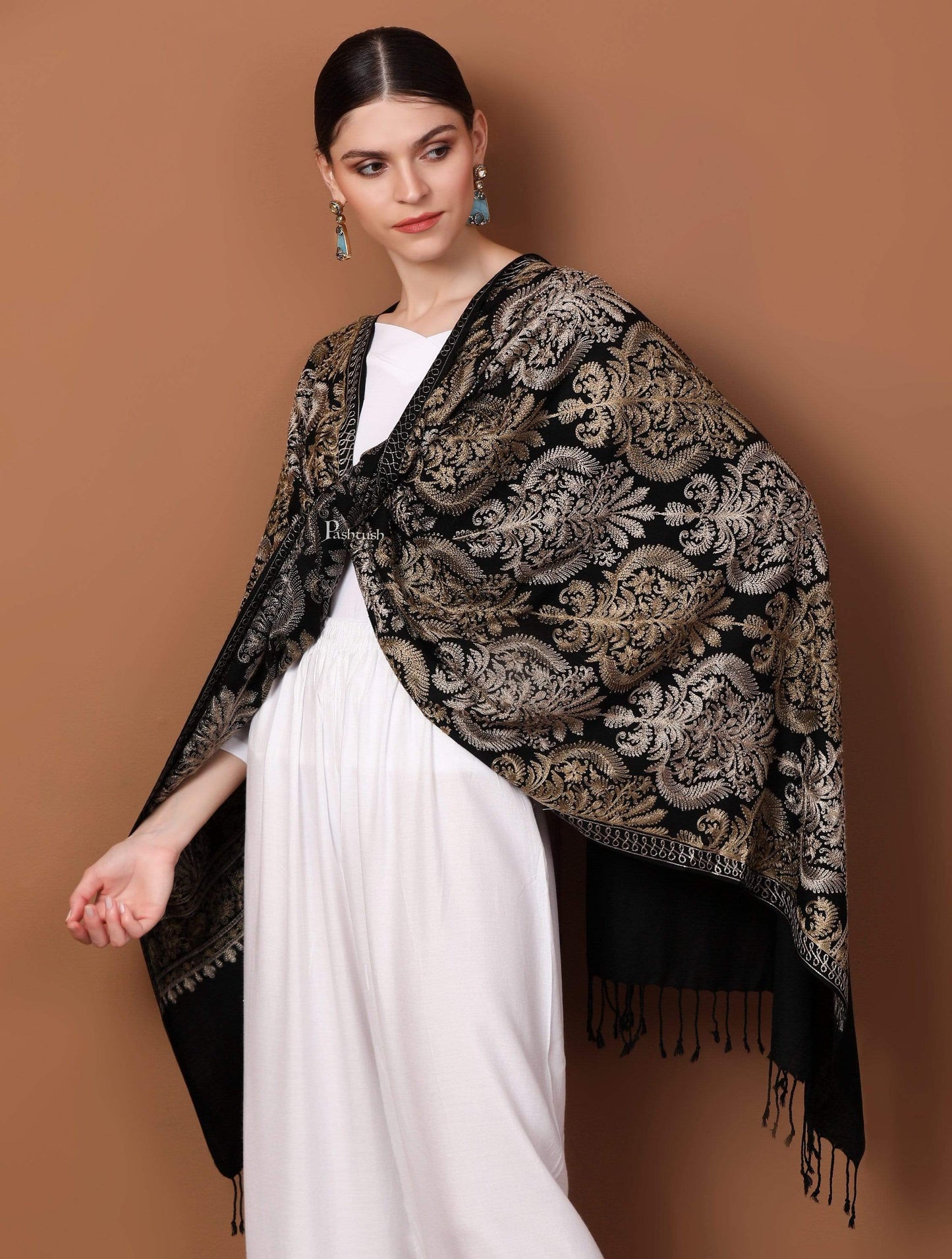 Pashtush Store Stole Pashtush Womens Fine Wool, Silky Nalki Embroidery Needlework Stole, Black