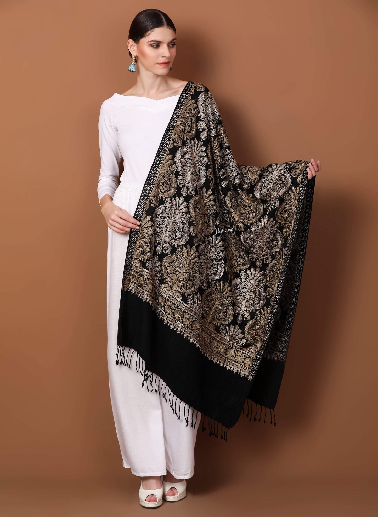 Pashtush Store Stole Pashtush Womens Fine Wool, Silky Nalki Embroidery Needlework Stole, Black