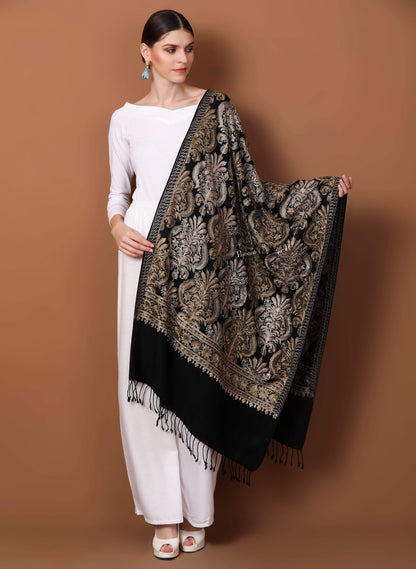Pashtush Store Stole Pashtush Womens Fine Wool, Silky Nalki Embroidery Needlework Stole, Black
