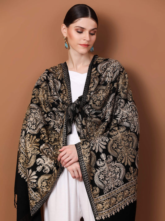 Pashtush Store Stole Pashtush Womens Fine Wool, Silky Nalki Embroidery Needlework Stole, Black