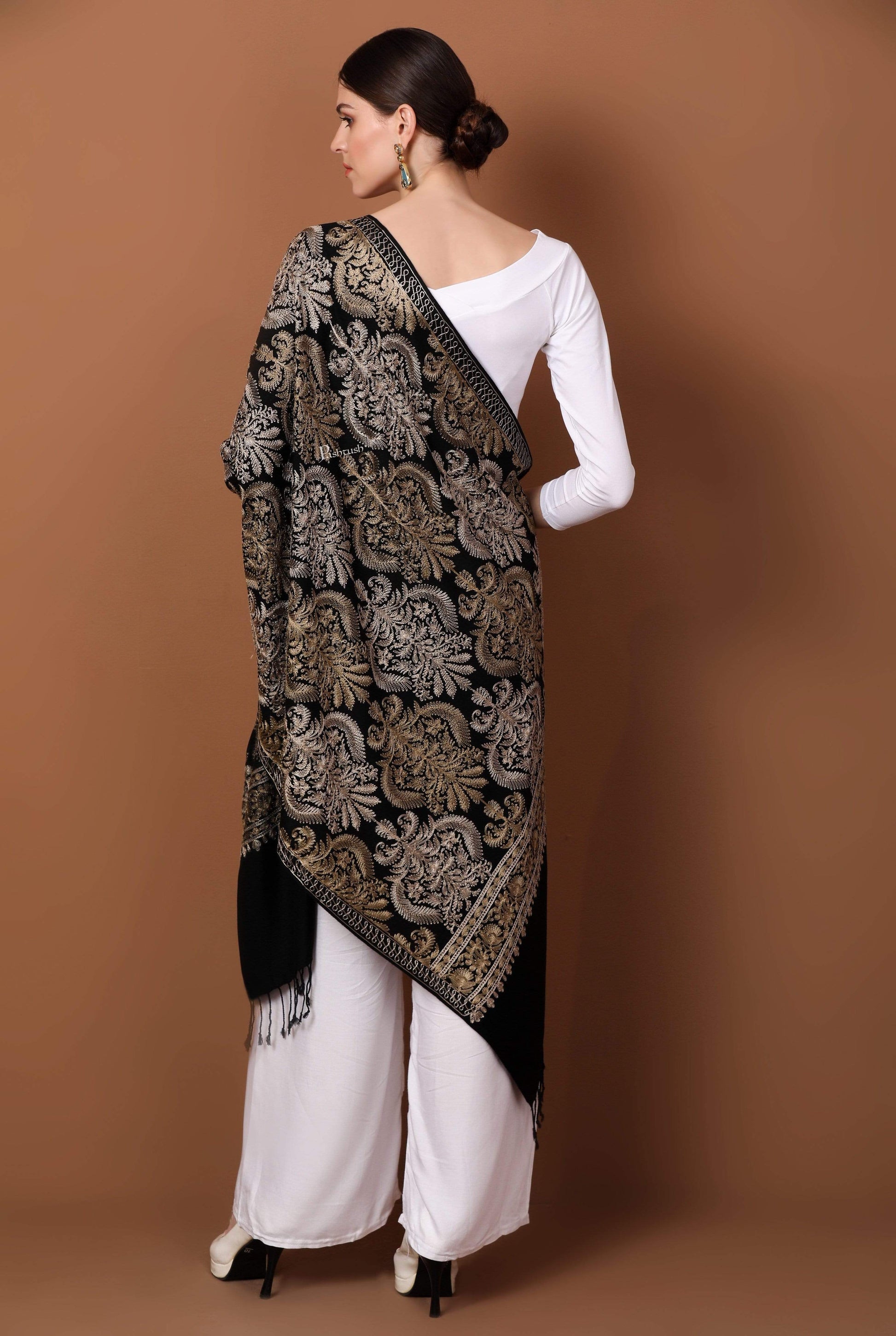 Pashtush Store Stole Pashtush Womens Fine Wool, Silky Nalki Embroidery Needlework Stole, Black
